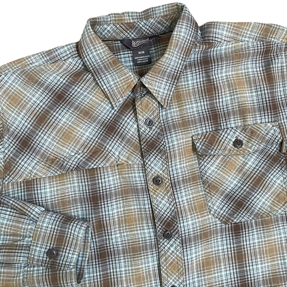 Outdoor Research Plaid Button Down Shirt Men M Brown Blue Long Sleeve Hiking